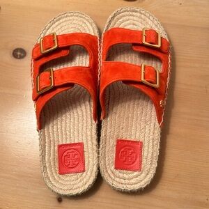 Tory Burch Two Band Flat Espadrille Slide in Bright Samba Suede Size 9. NWOB